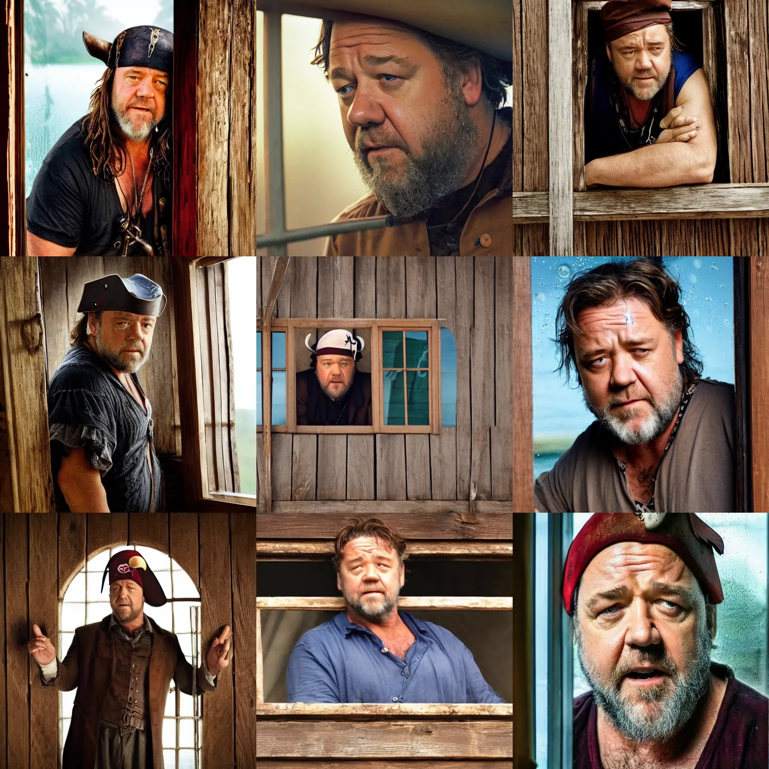 Image similar to russell crowe wearing a too wide silly pirate hat behind a dirty window and wooden wall staring out
