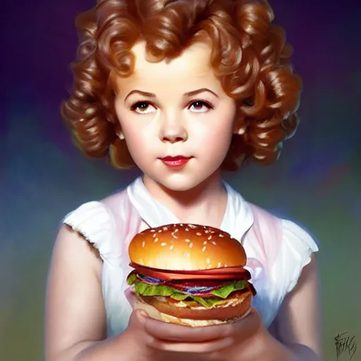 Prompt: portrait of Shirley Temple dreaming about eating hamburgers, extra onions and ketchup, luscious patty with sesame seeds, ethereal, handsome, D&D, fantasy, intricate, elegant, highly detailed, digital painting, artstation, concept art, matte, sharp focus, illustration, art by Artgerm and Greg Rutkowski and Alphonse Mucha