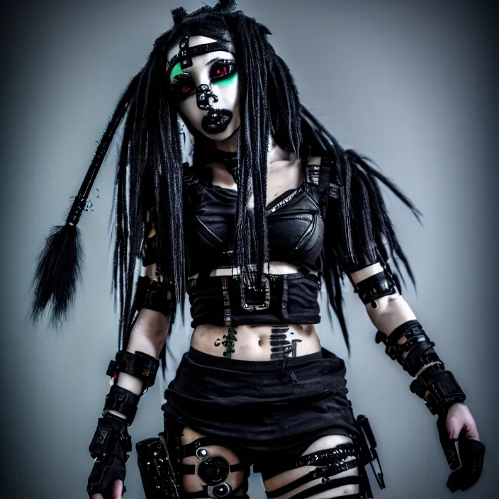 Image similar to photo of a real - life beautiful cybergoth warrior, 8 k, hdr, smooth, sharp focus, high resolution, award - winning photo