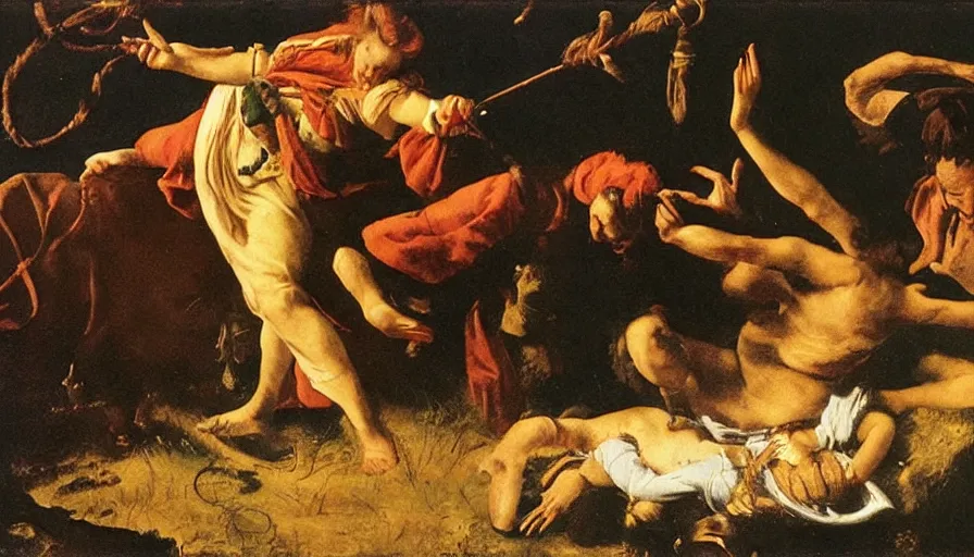 Prompt: saving Artax from a swamp full of spaghetti, in the style of Artemisia Gentileschi