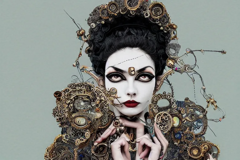 Image similar to beautifully stunning Rococopunk woman_integrating_with_technology_full_face_insipiring_detailed_intricate_ornate_cables_connected_to_head_big_open_electric_eyes_ the_singulairty is now by Hironaka, Harumi