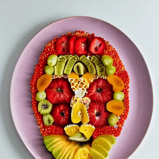 Image similar to beautiful photo a face made of fruit pieces, on a white plate, dslr