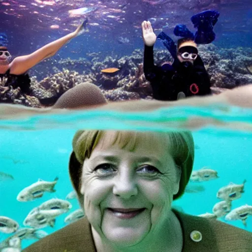 Image similar to angela merkel under water dives through a coral reef, 8k photography