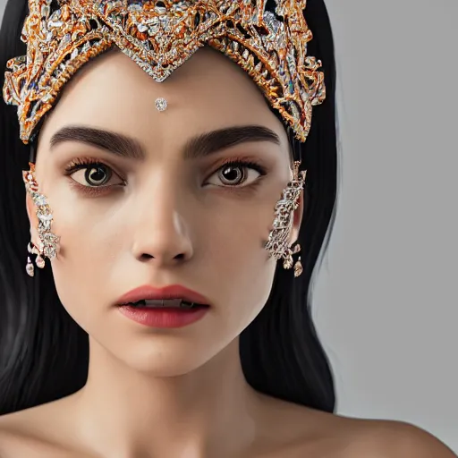 Prompt: portrait of wonderful princess of diamond with fair skin, ornate with diamonds, 8 k, gorgeous, intricate, detailed, glowing white accent lighting, dramatic lighting, octane render