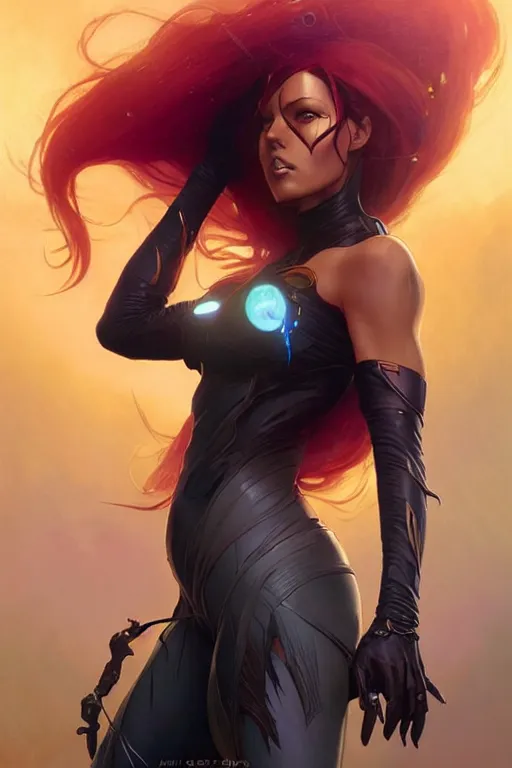 Image similar to aeon flux as starfire profile picture by Greg Rutkowski, dark orange skin, matte painting, intricate, fantasy concept art, elegant, by Stanley Artgerm Lau, WLOP, golden ratio, thomas kindkade, alphonse mucha, loish, norman Rockwell,