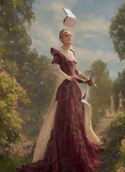 Prompt: upper body portrait of a beautiful maiden in an expensive victorian dress holding a sword and taking a selfie in a royal garden, award winning, masterpiece digital painting by greg rutkowski, alex grey, artstation, 4 k wallpaper,