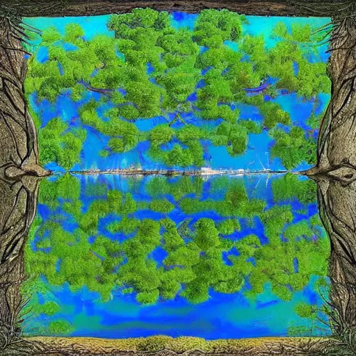 Image similar to escher painting of a lake, big trees reflecting on lake surface, ultra sharp, ultra detailed, colorized by salvador