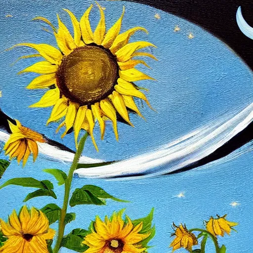 Prompt: The painting is of a night sky, with stars and a crescent moon. In the foreground are sunflowers. The brushstrokes are thick and visible, giving the painting a textured look. The colors are mostly dark, but there are also some yellows and blues.