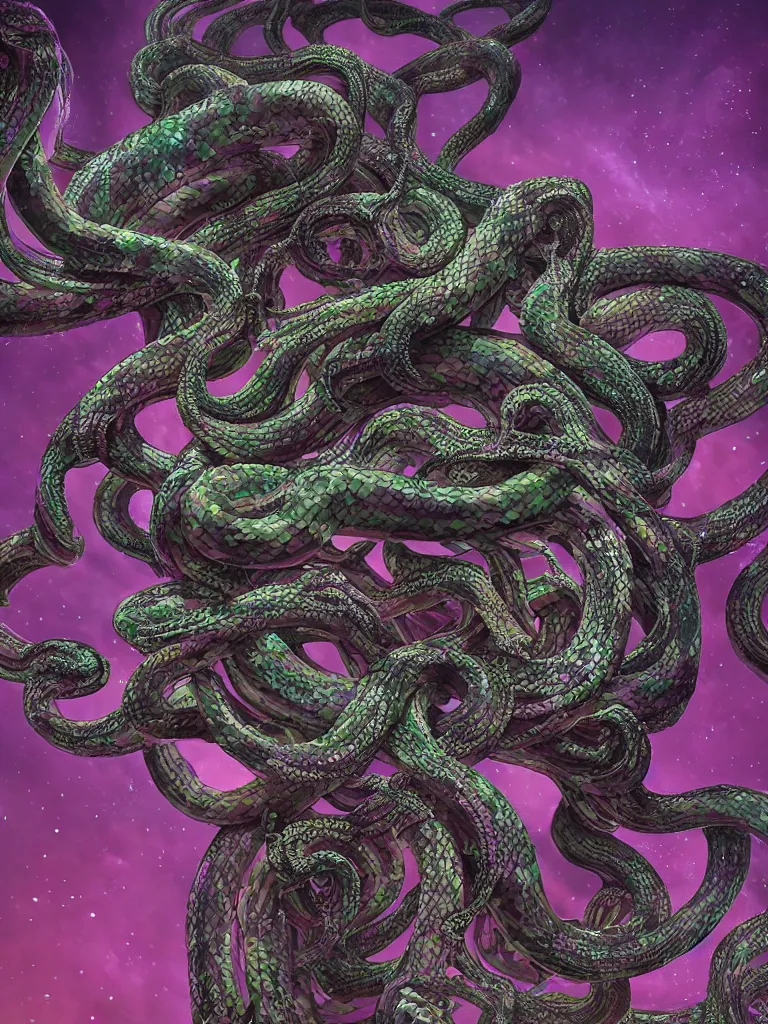 Image similar to beautiful medusa gorgon highly detailed snakes, cosmic horror, abstract, ghostly, arcade, duotone, poltergeist, epic lighting, intricate, elegant, highly detailed, smooth, sharp focus, photo real, ultra realistic, unreal engine 5, raytracing, in the style of beeple and mike winkelmann, ultraviolet colors,