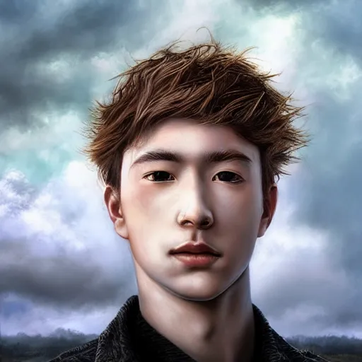 Image similar to a portrait of a young handsome prince with white fringy hair, epic clouds, beautiful landscape, backlit, incredible lighting, strong rim light, highly detailed, god rays, digital painting, HDRI, by Heise Jinyao, Heise-Lian Yan Fang, Feimo, Richard Taddei, vivid colors, high contrast, 8k resolution, intricate, photorealistic