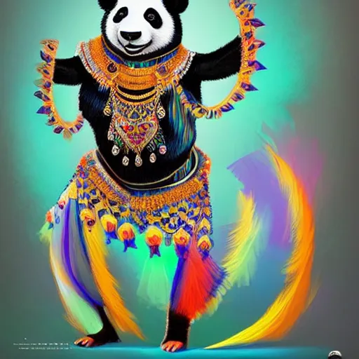 Prompt: a panda bear in intricate, colorful belly dancing garb, belly dancing on a Mediterranean stage, full body shot, elegant, highly detailed, digital painting, smooth brushwork, sharp focus, concept art, artstation, art by nick silva and RHADS,