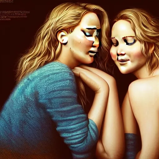 Prompt: beautiful serene intricate portrait of jennifer lawrence and jennifer lawrence, smiling softly, wearing casual clothes, relaxing on the couch, interior lighting, cozy living room interior, soft focus, 8 k, art by irakli nadar, hyperrealism, hyperdetailed, ultra realistic