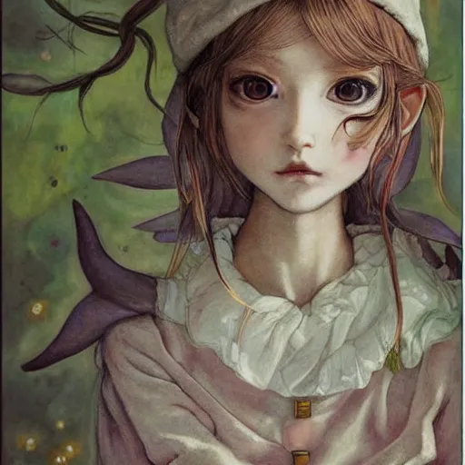 Prompt: little elf girl, tunic, soft hair. light color palate, purple, yellow and white. detailed soft painting, ayami kojima, made in abyss, anatomically correct, inspired in balthus, high detailed face anime, vogue magazine