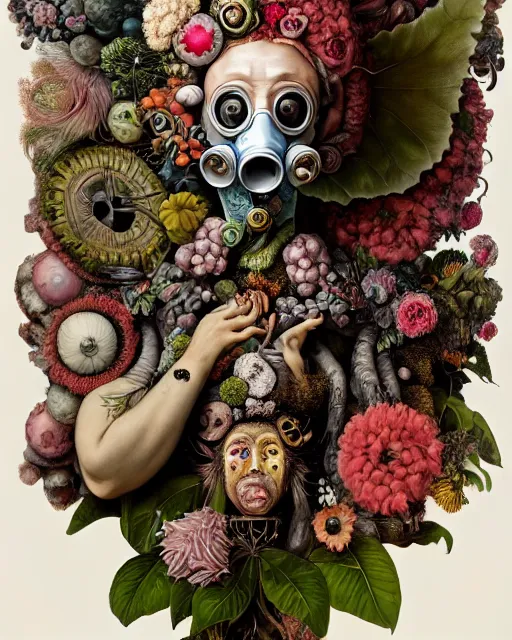 Prompt: a maximalist biomorphic portrait with with large eyes, expressive, wearing a botanical gas mask by arcimboldo, baroque, by ayami kojima, mark ryden, surrealism by dali, hauntingly surreal, statue, high fashion, focus on head, soft light, 4 k, octane high quality render