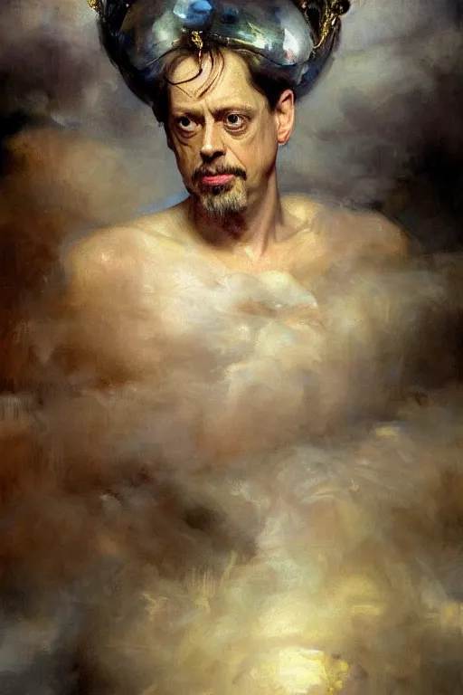 Image similar to beautiful impressionistic oil painting portrait of ancient roman god emperor steve buscemi ascending wearing the civic crown levitating in religious pose, art by anders zorn, wonderful masterpiece by greg rutkowski, expressive brush strokes, beautiful cinematic light, american romanticism by greg manchess, jessica rossier