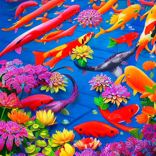 Image similar to a bouquet of colorful flowers, flowers with very long petals,afternoon sunlight, hard light and long shadows, neon glowing, vivid, koi fish flying around detailed painting, by James Jean and Ross Tran, masterpiece, award winning painting