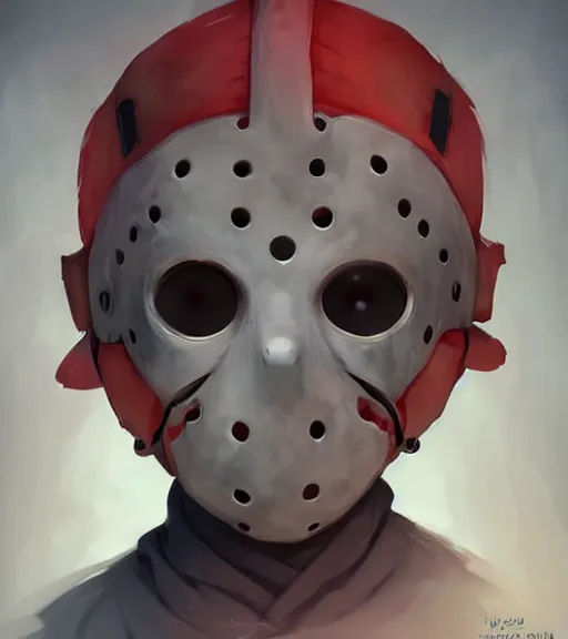 Image similar to beautiful little boy anime character inspired by jason voorhees, art by rossdraws, wlop, ilya kuvshinov, artgem lau, sakimichan and makoto shinkai, concept art, anatomically correct, extremely coherent, realistic, mask, smooth hd, 8 0 s haircut, red lighting, horror film cover
