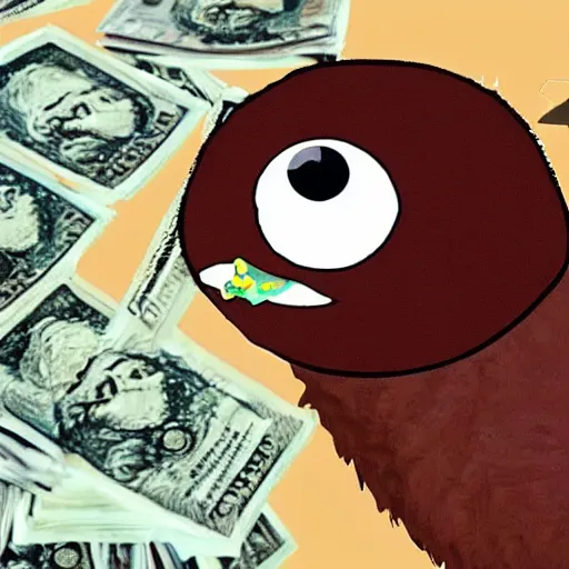 Image similar to pepe eating money, realistic, frame from the movie