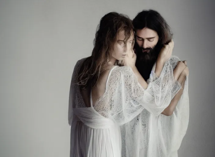 Prompt: couple, jesus hugging a woman, spirit hugs, in style of paolo roversi, britt marling style 3 / 4, a beautiful ethereal lace white robe, 8 k, soft focus, soft light, volumetric lighting, highly detailed realistic, refined, highly detailed, natural outdoor soft pastel lighting colors scheme