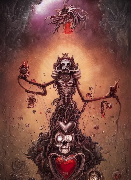 Image similar to the king of hearts, death tarot card, highly detailed, cinematic, 8 k, by megan duncanson, benjamin lacombe, adrian borda, stanley artgermm, tom bagshaw, craig mullins, carne griffiths, ayami kojima, beksinski, giger, trending on deviantart, hyper detailed, horror, full of colour