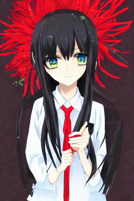 Image similar to Key anime visual of a beautiful girl with black hair and red eyes holding a spider lily; wearing white blouse with black tie; trending on Pixiv; digital art