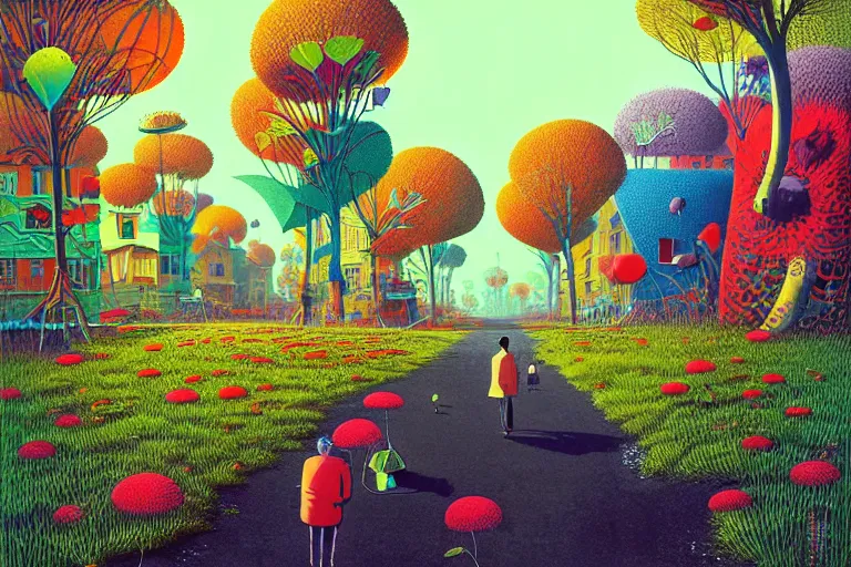 Prompt: surreal glimpse into other universe, jalan - jalan cari makan, summer morning, very coherent and colorful high contrast, art by!!!! gediminas pranckevicius!!!!, geof darrow, floralpunk screen printing woodblock, dark shadows, hard lighting, stipple brush technique,