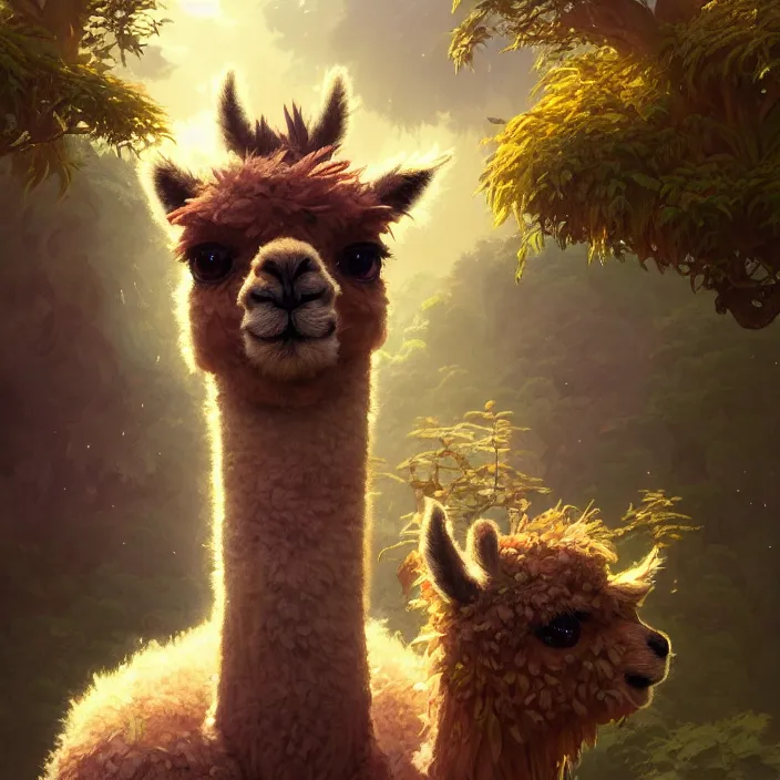 Image similar to highly detailed portrait of a cute alpaca, unreal engine, fantasy art by greg rutkowski, loish, rhads, ferdinand knab, makoto shinkai and lois van baarle, ilya kuvshinov, rossdraws, tom bagshaw, alphonse mucha, global illumination, radiant light, detailed and intricate environment