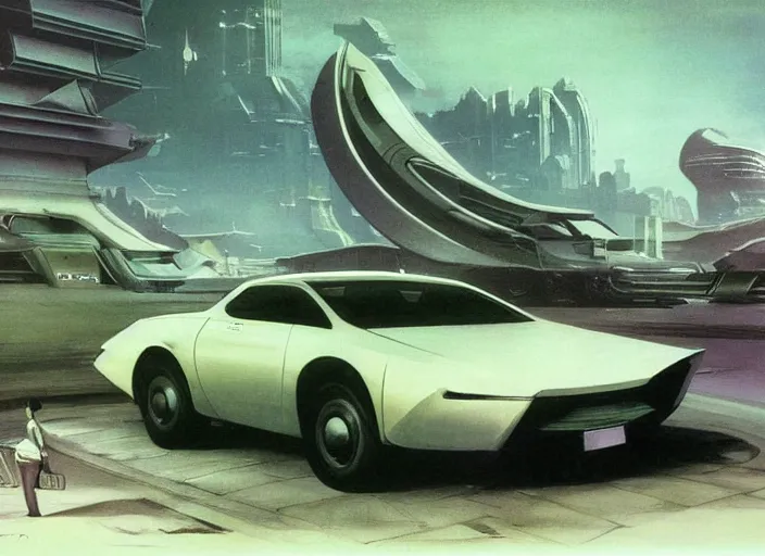 Prompt: a sport sedan car in a future city. style by frank frazetta, peter elson, and eyvind earle.