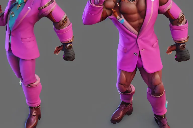 Image similar to doomfist, pink blazer, overwatch game, digital art, high detailed, unreal engine, artstation, 3 d render