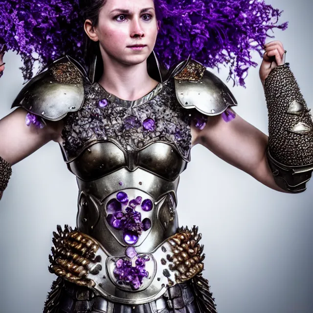 Image similar to full body photo of a beautiful warrior queen wearing amethyst encrusted armour, highly detailed, 4 k, hdr, smooth, sharp focus, high resolution, award - winning photo