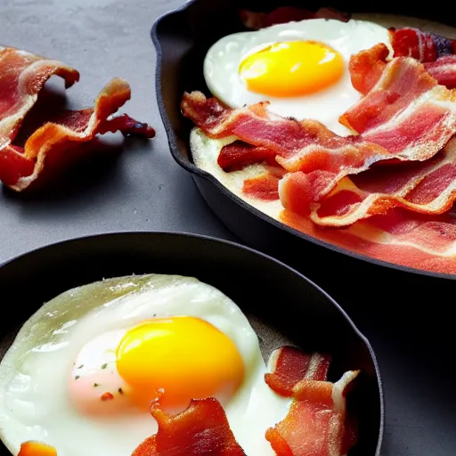 Image similar to bacon and eggs in pan, closeup, close angle, dramatic lighting