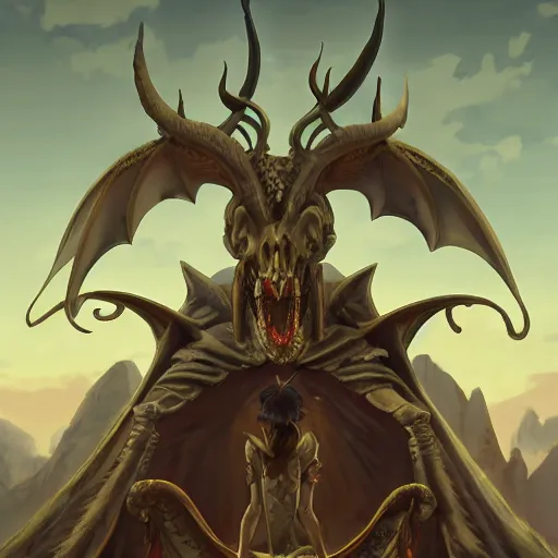 Image similar to concept art painting of a dragonlike anthropomorphic humanoid creature with a long dragon neck and horned skull mask, sitting on a throne, anime style, detailed, cel shaded, in the style of makoto shinkai and greg rutkowski and studio ghibli and moebius