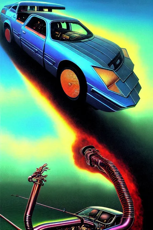 Image similar to a hyperrealistic painting of a sharp futuristic hotrod vehicle with chrome pipes and engine scoops shooting out fire, cinematic horror by chris cunningham, lisa frank, richard corben, highly detailed, vivid color, beksinski painting, part by adrian ghenie and gerhard richter. art by takato yamamoto. masterpiece