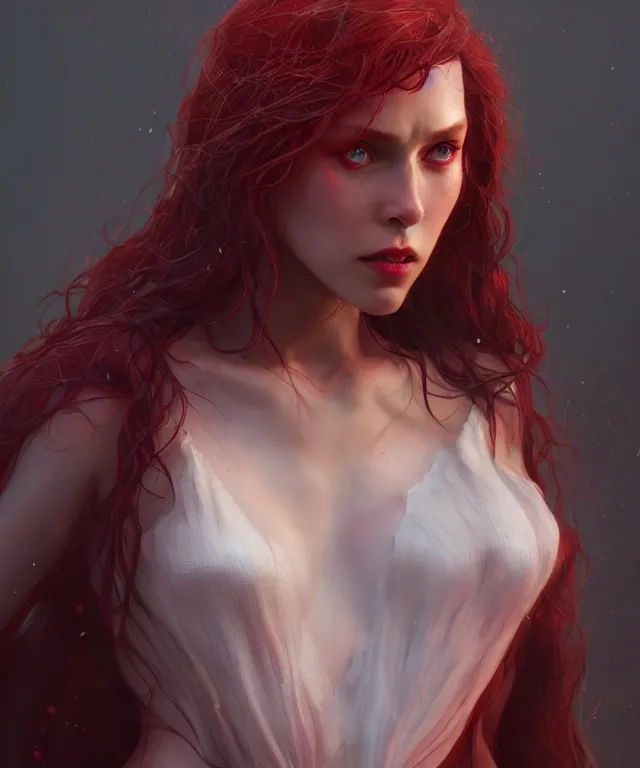 Image similar to Scarlet Witch, au naturel, hyper detailed, digital art, trending in artstation, cinematic lighting, studio quality, smooth render, unreal engine 5 rendered, octane rendered, art style by klimt and nixeu and ian sprigger and wlop and krenz cushart