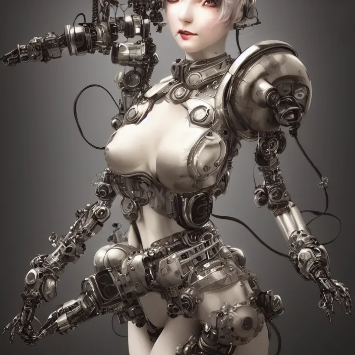 Prompt: dieselpunk robotic mistress, extremely detailed, plush, intricate, soft light, volumetric, blender, digital painting, art station, by yoshitaka amano