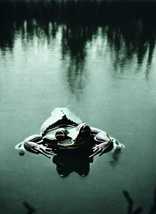Image similar to “semitranslucent smiling frog vertically hovering over misty lake waters in jesus christ pose, low angle, long cinematic shot by Andrei Tarkovsky, paranormal, eerie, mystical”