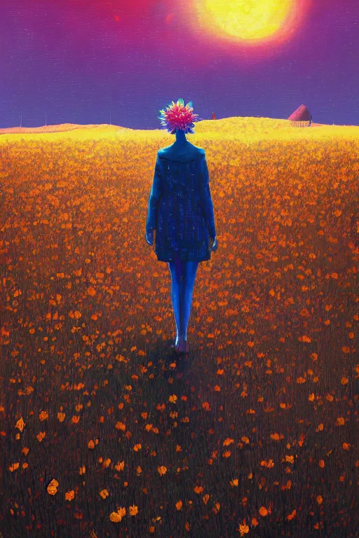 Prompt: giant corn flower head, girl walking on the moon, surreal photography, sunrise, dramatic light, impressionist painting, colorful clouds, digital painting, artstation, simon stalenhag