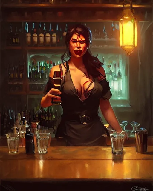 Image similar to orc bartender serving drinks | | realistic shaded, fine details, realistic shaded lighting poster by greg rutkowski, magali villeneuve, artgerm, jeremy lipkin and michael garmash and rob rey