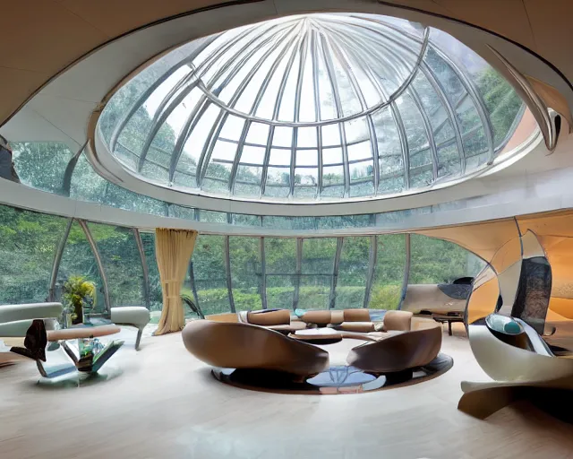 Prompt: A futuristic living room in a glass dome with a big luxurious U-shape sofa and a luxurious table in the center, curved wooden staircase going upstairs in the back, professional interior design photograph, wide angle photograph, 8k resolution, hyper detailed