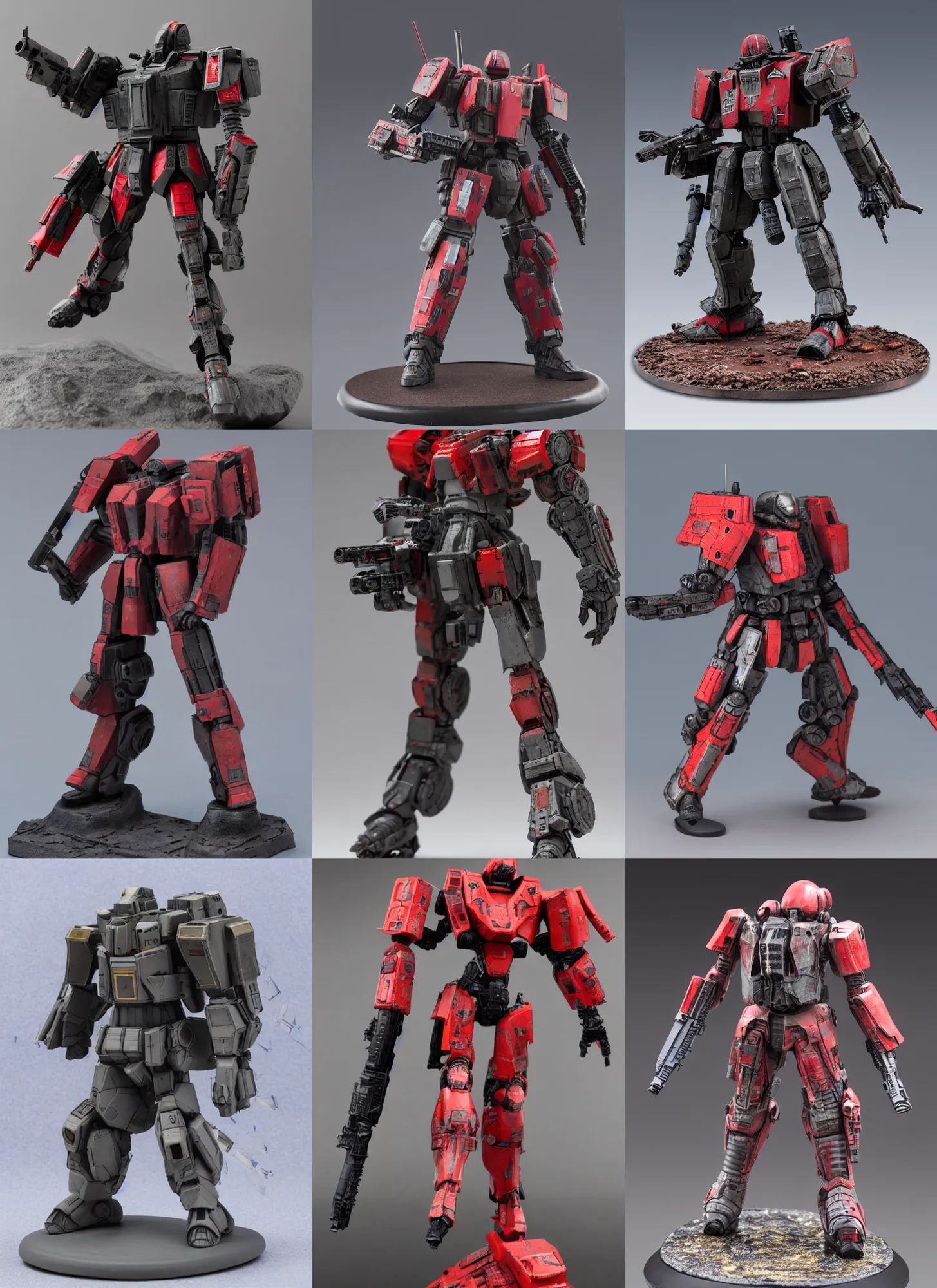 Prompt: 8 0 mm resin detailed miniature of a armored core with red, laser rifle, full body, head, legs, textured base ; product photos, 4 k, view from front