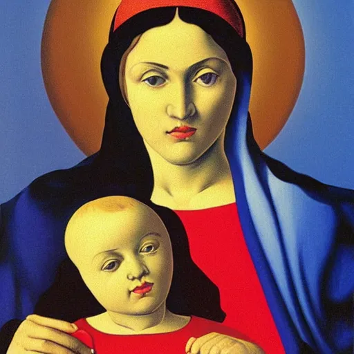 Prompt: a vivid painting of the Madonna and child by Rene Magritte, detailed image, surreal, blue and peach and red palette