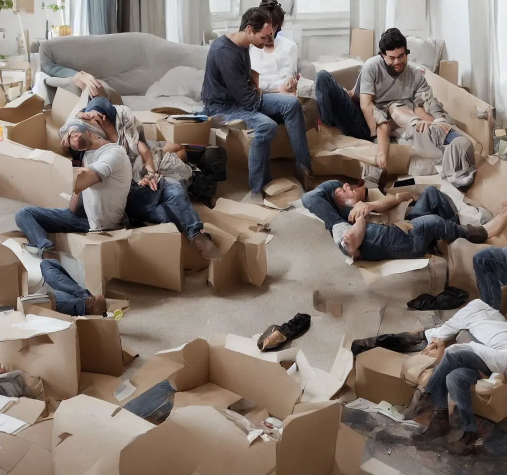 Prompt: a man whose head is rotated by 9 0 degrees sits on a sofa next to his wife. they are trying to construct a flat packed kindergarten that they bought from ikea last week. they are beginning to crave clam chowder