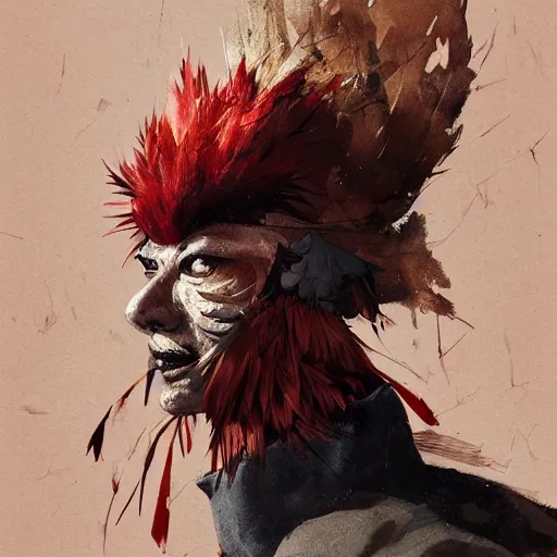 Image similar to scary portrait of an asian man dressed as a chicken, the chicken man, man dressed as a chicken, highly detailed painting by dustin nguyen, akihiko yoshida, greg tocchini, greg rutkowski, cliff chiang, 4 k resolution, trending on artstation, 8 k, man dressed as a chicken