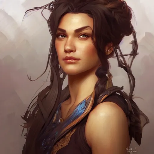 Image similar to beautiful, strong, mixed race, female, aged 4 0, face, head shot, fantasy, highly detailed, digital painting, artstation, concept art, smooth, sharp focus, illustration, art by artgerm and greg rutkowski and alphonse mucha