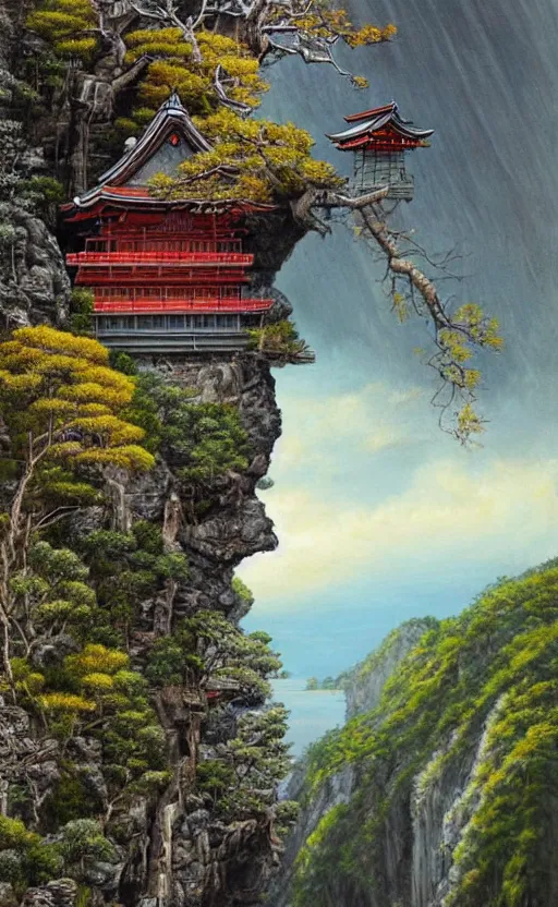 Image similar to amazing detailed intricate photorealistic painting of a house hanging off a cliff edge. a man is standing in the doorway waving. japan. hd. hq