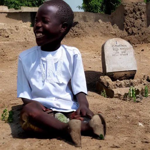 Image similar to a nigerian boy sitting next to a grave, the grave has an engraved text that says rip anglettere super detailed, accurate text, sunflare.