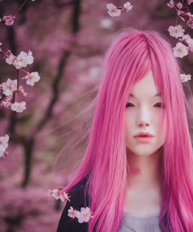 Prompt: video game girl, light pink hair with pink flames, cherry blossoms, neo tokyo, portrait, perfectly symmetrical, 5 0 mm