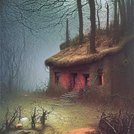 Image similar to small cottage in the forest by zdzisław beksinski, marco mazzoni, peter gric, oil on canvas, highly detailed, whimsical, fantasy