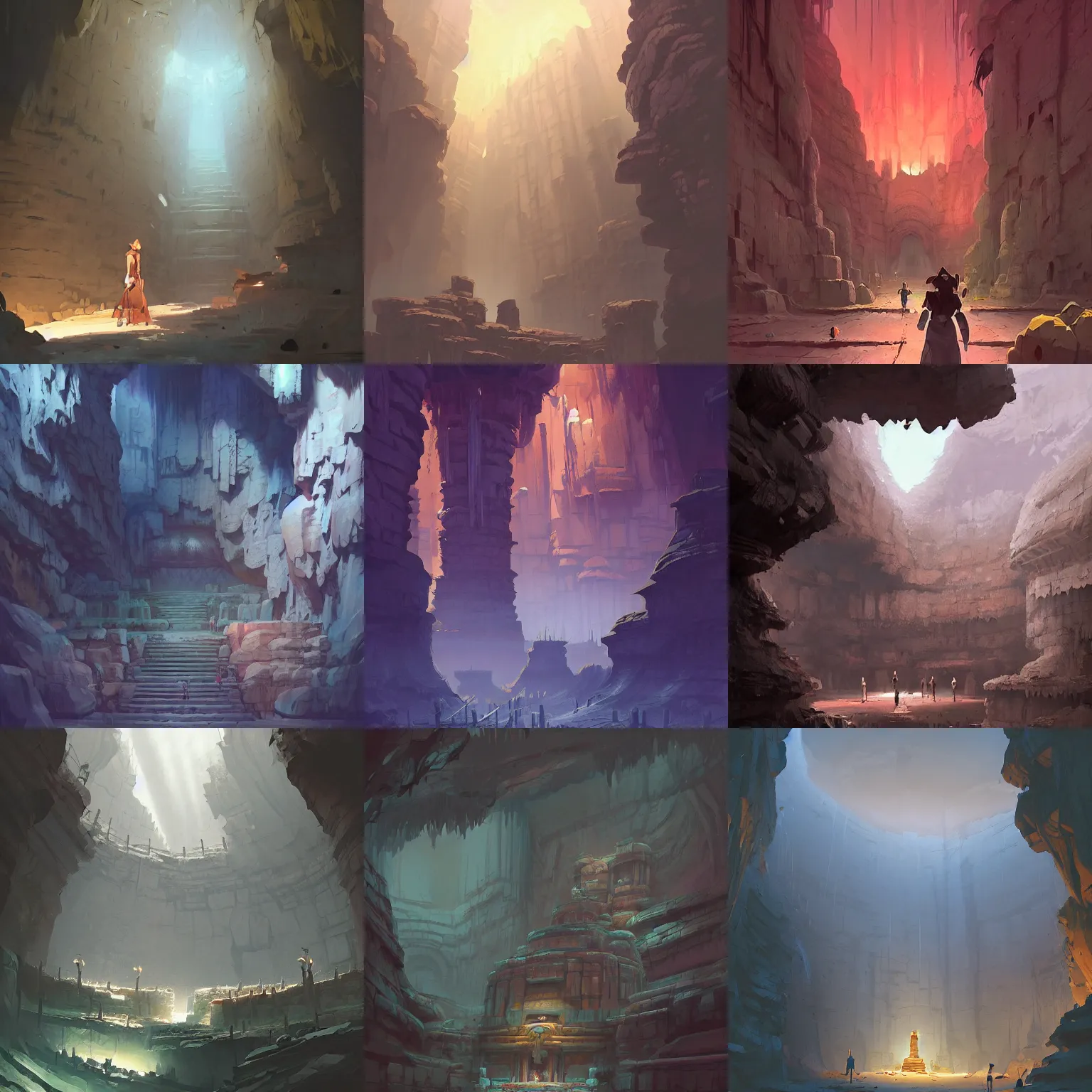 Image similar to underground dark ancient temple cavern, no people, silent, scenery matte painting concept art, cell shaded, trending on behance, artstation, by Cushart Krentz and Gilleard James Jesper Ejsing, by RHADS and Makoto Shinkai and Lois van baarle and ilva kuvshinov and rossdraws