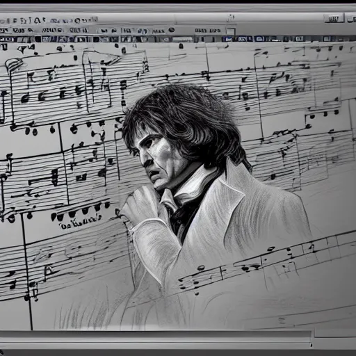 Image similar to of beethoven trying to compose at the piano but unable to hear and crying with frustration with pages of hand written score all around unreal engine 5 3 d photorealistic scene cinematic lighting